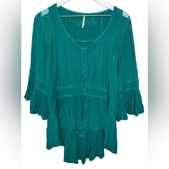 Free People Tops - Free People Boho Lace Inset Embroidered High Low Button Front Blouse Teal M
